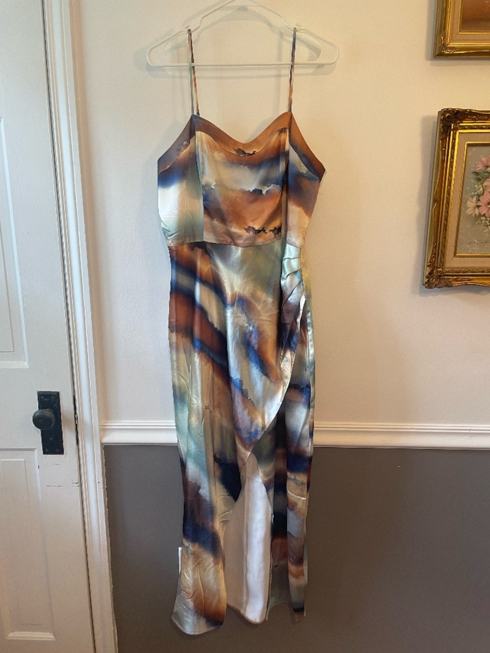 Express like new satin watercolor strap midi wrap dress size L